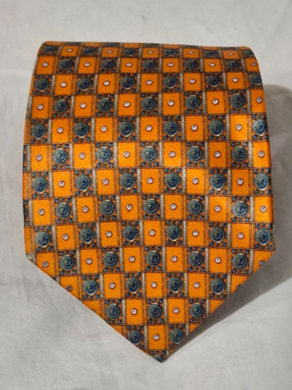 Faberge Handmade in USA 100% Silk Necktie - des.n. 139 - Orange Blue Geo